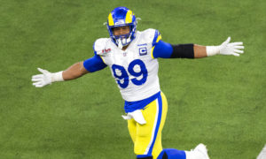 Aaron Donald celebrating at Super Bowl LVI