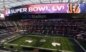 SoFi Stadium with Super Bowl banner