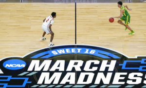 March Madness logo on court