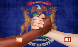 Image of clasped hands with logos of 888 and Sports Illustrated for story on 888 opening a retail SI sportsbook in Michigan despite financial problems