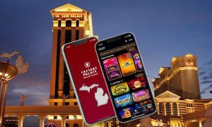 Image of the Caesars Palace app over a Caesars Palace retail casino for story on the Caesars Michigan's September 2023 performance