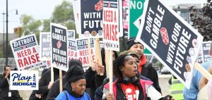 Photo of Detroit casino workers on strike for story on what's currently available at Detroit casinos in the strike's third week