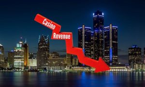 Image of Detroit skyline at night with downward arrow for story on Detroit losing casino revenue during the strike