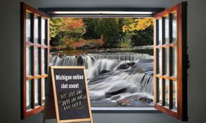 Image of a stream and a tally board for October 2023 online slot count at Michigan online casinos