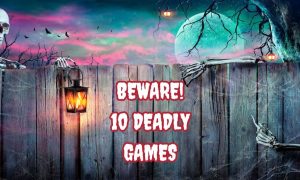 Spooky image with two skeletons and the text "Beware! 10 Deadly Games" for story on top 10 Halloween games at Michigan online casinos