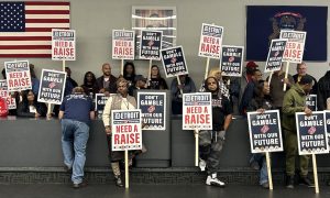 Photo of Detroit casino workers present at a news conference Thursday where union reps said they're still too far apart in order to prevent a strike