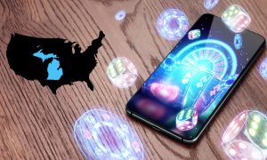 Outline of Michigan on top of US outline next to online casino games on a phone for story on how Michigan reflects US online gaming trends