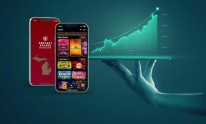 Image of Caesars Palace app next to digital hand holding ascending data graph for story on Michigan online gambling pushing Caesars Digital closer to profit in Q3