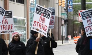 Photo of Detroit casino workers on strike for story on Detroit casino workers talking about being on the picket lines for a third week