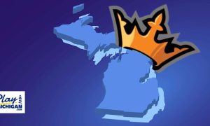 Image of Michigan outline wearing a DraftKings crown and PlayMichigan.com logo for a story on DraftKings' casino and sports betting performance in MI helping its Q3 revenue