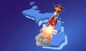 Image of rocket with DraftKings crown launching on Michigan map for story on DraftKings launching progressive parlays in Michigan