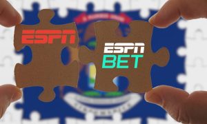 Image of ESPN and ESPN Bet logos on joining puzzle pieces for story on ESPN Bet's integration with ESPN in Michigan