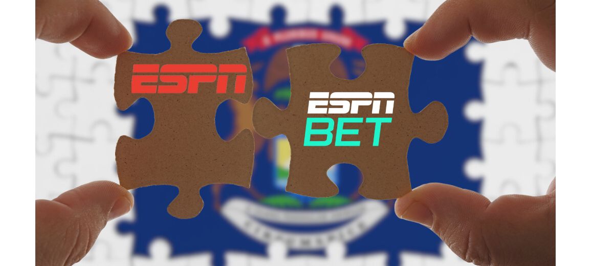Image of ESPN and ESPN Bet logos on joining puzzle pieces for story on ESPN Bet's integration with ESPN in Michigan