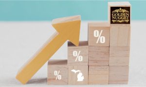 Image of arrow pointing up ascending wooden blocks with Michigan outline and Golden Nugget logo for story on Golden Nugget's continued rise among online casinos in Michigan