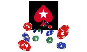 Image of PokerStars logo with poker chips in front for story on the app's performance among Michigan online casinos