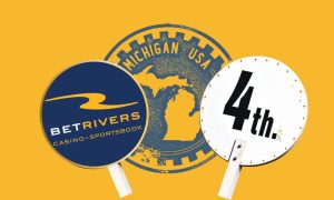 Vintage Michigan logo with two round signs - one with the BetRivers logo and one with 4th place written on it to signify BetRivers Quietly Setting New Highs As Michigan's Fourth-Best Online Casino.