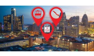 Image of the City of Detroit with map pins for casinos, declining revenue and the workers' strike. Detroit casino workers' strike led to lowest revenue month in 22 years