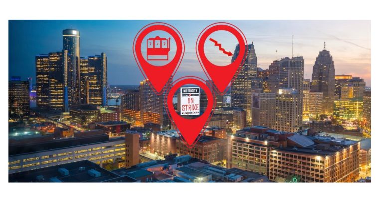 Image of the City of Detroit with map pins for casinos, declining revenue and the workers' strike. Detroit casino workers' strike led to lowest revenue month in 22 years