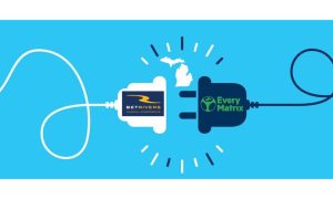 Electrical plug with EveryMatrix logo on it plugging into one that has the BetRivers logo on it to represent EveryMatrix casino game content now being available at BetRivers Michigan