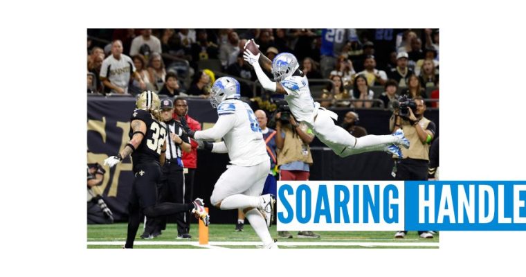 Jameson Williams soaring as he scores a touchdown for the Detroit Lions vs. the New Orleans Saints. Leading Michigan online sportsbooks have been soaring during the start of the NFL season.