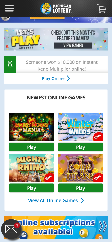 MI Lottery homepage