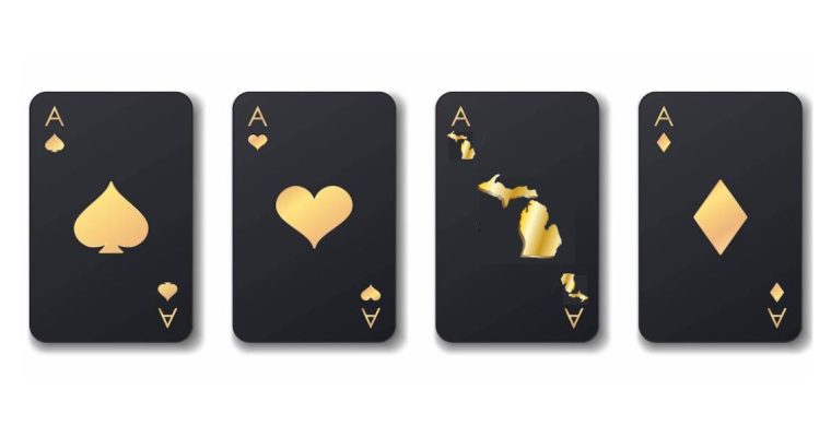 Four black and gold playing cards, all aces, except the club has been replaced with an outline of Michigan. Poker rooms across the state are holding a wide variety of tournaments before 2023 ends.