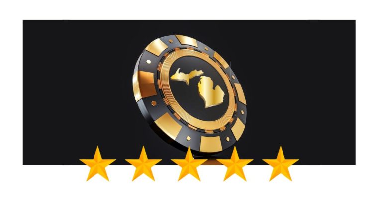 Image of a Michigan poker chip and five golden stars. Michigan retail casinos ranked by Google Reviews