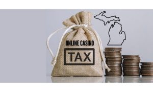 A bag of taxes with the words online casino tax with an ever-growing stack of coins leading to it to represent the fact that Michigan tax revenue from online casinos keeps growing
