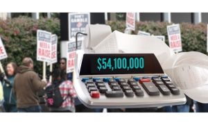 Image of a calculator showing $54.1 million on the screen and a long receipt in front of striking casino workers to reflect the financial toll of the Detroit casino workers' strike