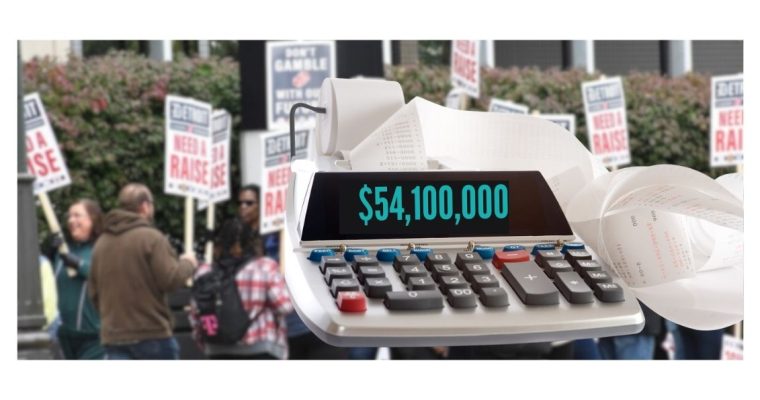 Image of a calculator showing $54.1 million on the screen and a long receipt in front of striking casino workers to reflect the financial toll of the Detroit casino workers' strike