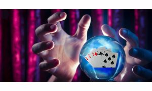 Close up of a crystal ball and a fortune teller's hand. The crystal ball show an image of a bad poker hand. Online poker's days may be numbered in Michigan due to recent scandals.