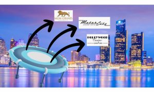 Trampoline in front of the Detroit skyline showing the logos of the three Detroit casinos bouncing over the city. Detroit casinos bounced back in December with $111.4 million in gaming revenue
