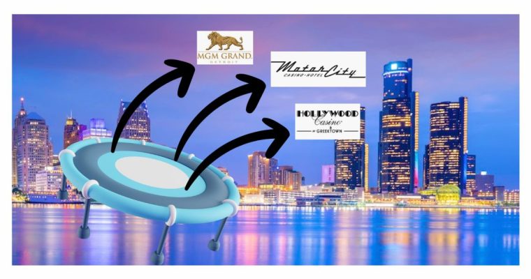 Trampoline in front of the Detroit skyline showing the logos of the three Detroit casinos bouncing over the city. Detroit casinos bounced back in December with $111.4 million in gaming revenue