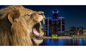 Roaring Lion over a photo of the skyline of Detroit to indicate Detroit casinos getting a boost from Lions' playoff success