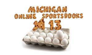 Words "Michigan online sportsbooks" and the numbers 14 and 13 in cookie font. The 14 is scratched out. There is a photo of 13 eggs to indicate a baker's dozen to reflect Golden Nugget ending its online sportsbook in Michigan, leaving 13 in the state