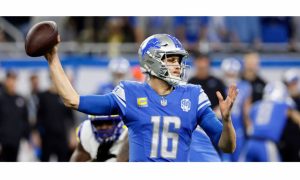Detroit Lions quarterback Jared Goff. The Lions have been a hot ticket for Michigan and US sports bettors heading into their second-round playoff game.