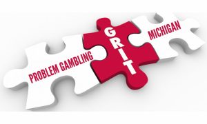 2 white puzzle pieces joined in the middle by a red puzzle piece. The white puzzle piece on the left says "PROBLEM GAMBLING." The white puzzle piece on the right says "MICHIGAN." The red puzzle piece in the middle says "GRIT" to indicate the GRIT Act that would provide federal funding for problem gambling resources in Michigan.