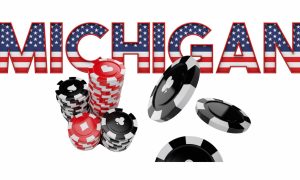 The word Michigan, with stars and stripes for each letter, appears behind a 3D image of poker chips to go with a story about Michigan poker events for January.