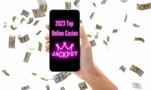 A phone signaling the top online casino jackpots of 2023 while being in front of floating cash