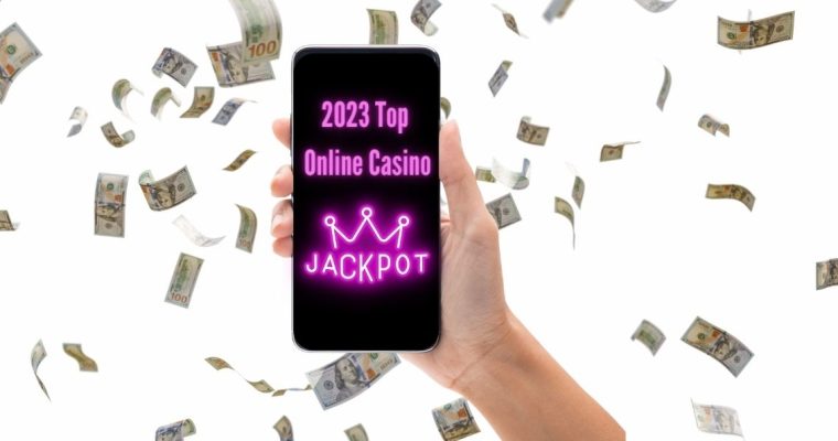 A phone signaling the top online casino jackpots of 2023 while being in front of floating cash