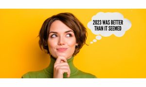 Woman thinking. There is a thought bubble that says "2023 was better than it seemed" to indicate that minus the two months the Detroit casino workers' strike was on, the casinos averaged more monthly revenue in 2023 than they did in 20222
