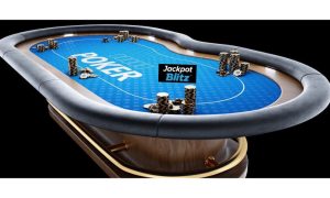 Empty poker table with a Jackpot Blitz logo on it. Odawa Casino has signed a deal to add two dealerless poker tables