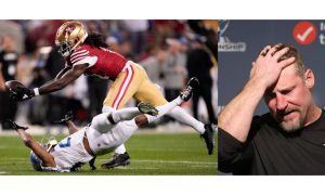 Brandon Aiyuk catching pass off facemask of Kindle Vildor in NFC Championship game and Detroit Lions coach Dan Campbell talking to the media after the game. Online Sportsbooks Cash In On Detroit Lions' Loss In NFC Championship