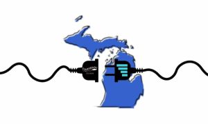 Graphic of an electrical plug over the outline of the state of Michigan. The male end of the plug has a Strive Gaming logo on it. The female end of the plug has a Four Winds Casino logo on it to indicate Strive adding Four Winds as a gambling services client in Michigan