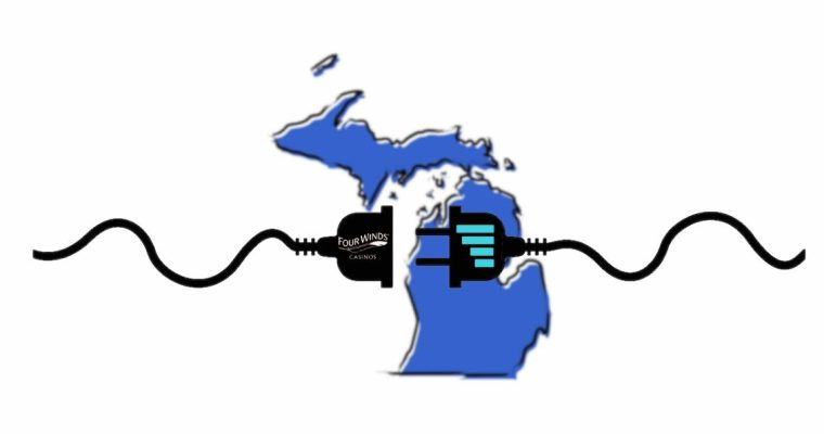 Graphic of an electrical plug over the outline of the state of Michigan. The male end of the plug has a Strive Gaming logo on it. The female end of the plug has a Four Winds Casino logo on it to indicate Strive adding Four Winds as a gambling services client in Michigan