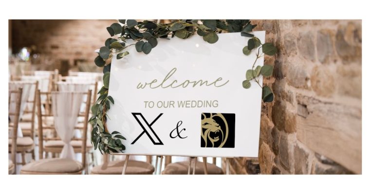 Sign at the entrance to a banquet hall that says "Welcome to our Wedding" with the logos of X and BetMGM underneath to indicate a deal between the gambling operator to be featured on the social media platform
