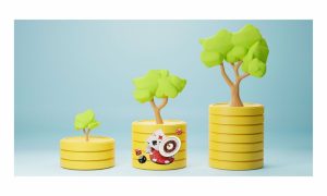 Image of tree trees on coins growing from the smallest to the largest from left to right. The middle tree has casino images on it to reflect which Michigan online casino operators had the most revenue growth in 2023