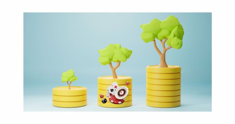 Image of tree trees on coins growing from the smallest to the largest from left to right. The middle tree has casino images on it to reflect which Michigan online casino operators had the most revenue growth in 2023