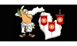 White 3D outline of Michigan against a black background. There is a large cartoon Julius Caesar next to the outline and three roman-style military flags with the Caesars logo placed in Michigan. With the purchase of WynnBet Michigan, Caesars is planning on launching a third online casino brand before the end of 2024.