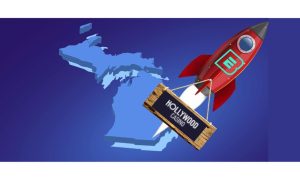 Rocket with the ESPN BET logo on it blasting off from Michigan and pulling behind it a wooden sign with the Hollywood online casino logo on it. Hollywood Casino is off to a strong start with its online casino revenue. How much credit goes to its cross-sell with ESPN BET?